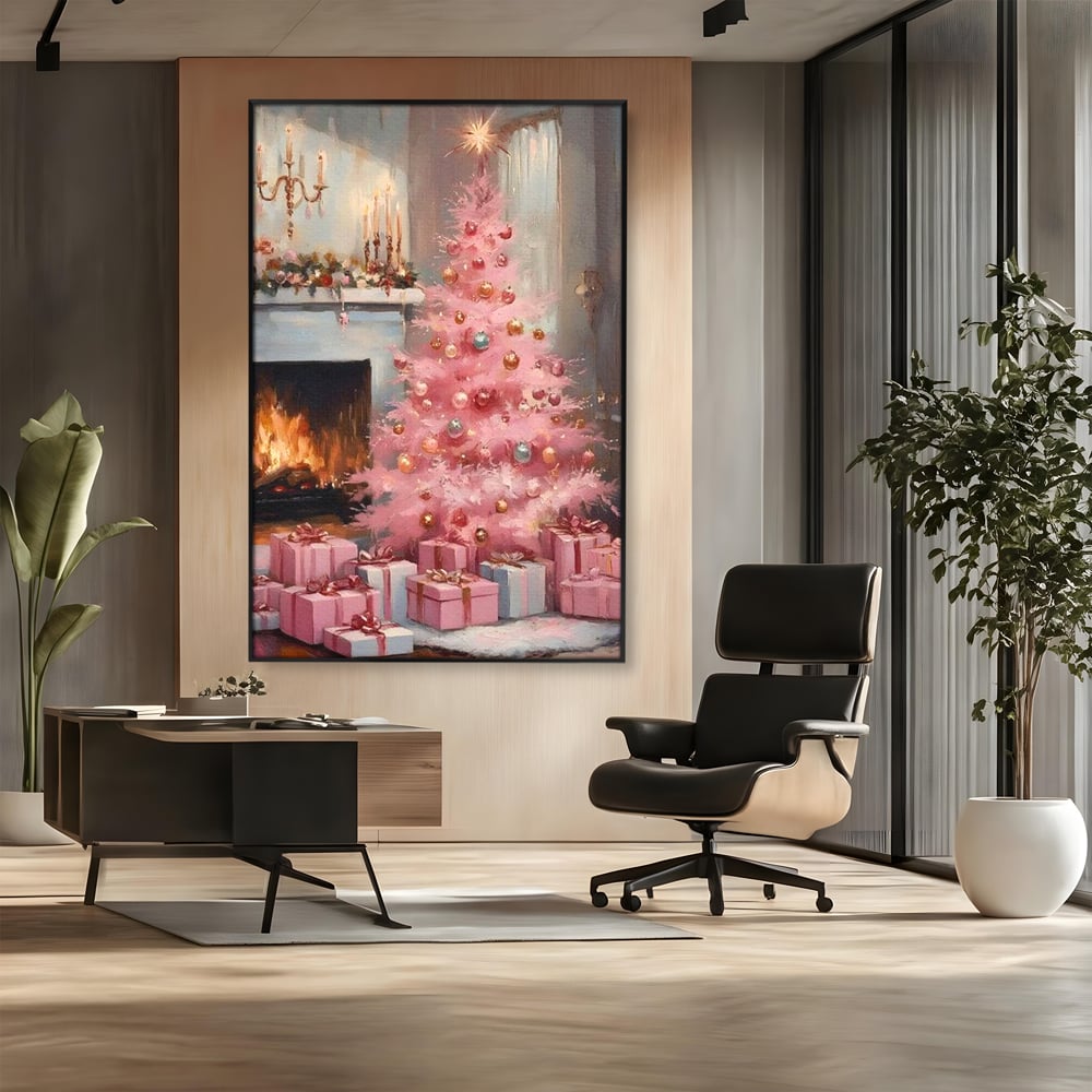 Tablou canvas cu pictura cu brad roz si semineu, in rama de aluminiu negru, pe perete intr-un birou